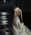 Original woman art girl back oil painting night scenery